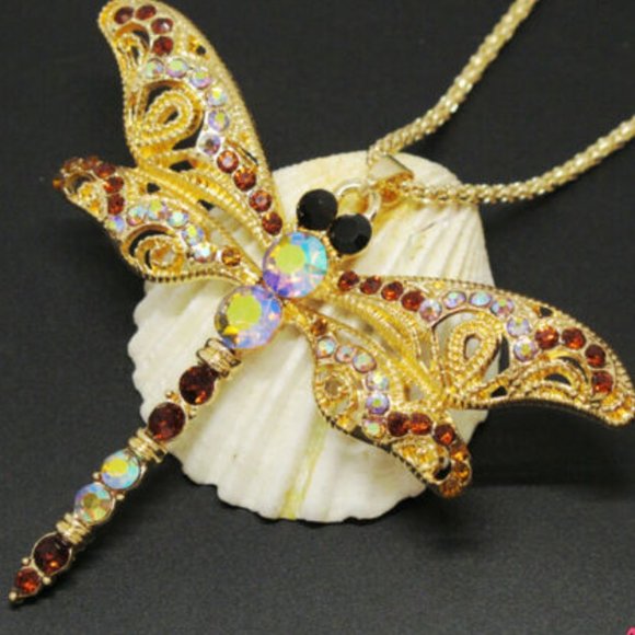 Gold Crystal Dragonfly Necklace - Picture 2 of 4